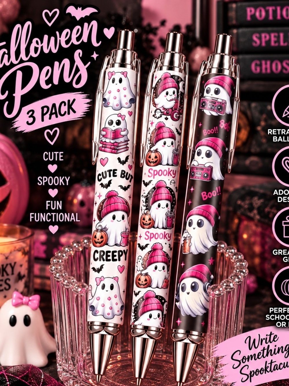 Halloween Ghost Pens 3-Pack - Pink Ghost Design